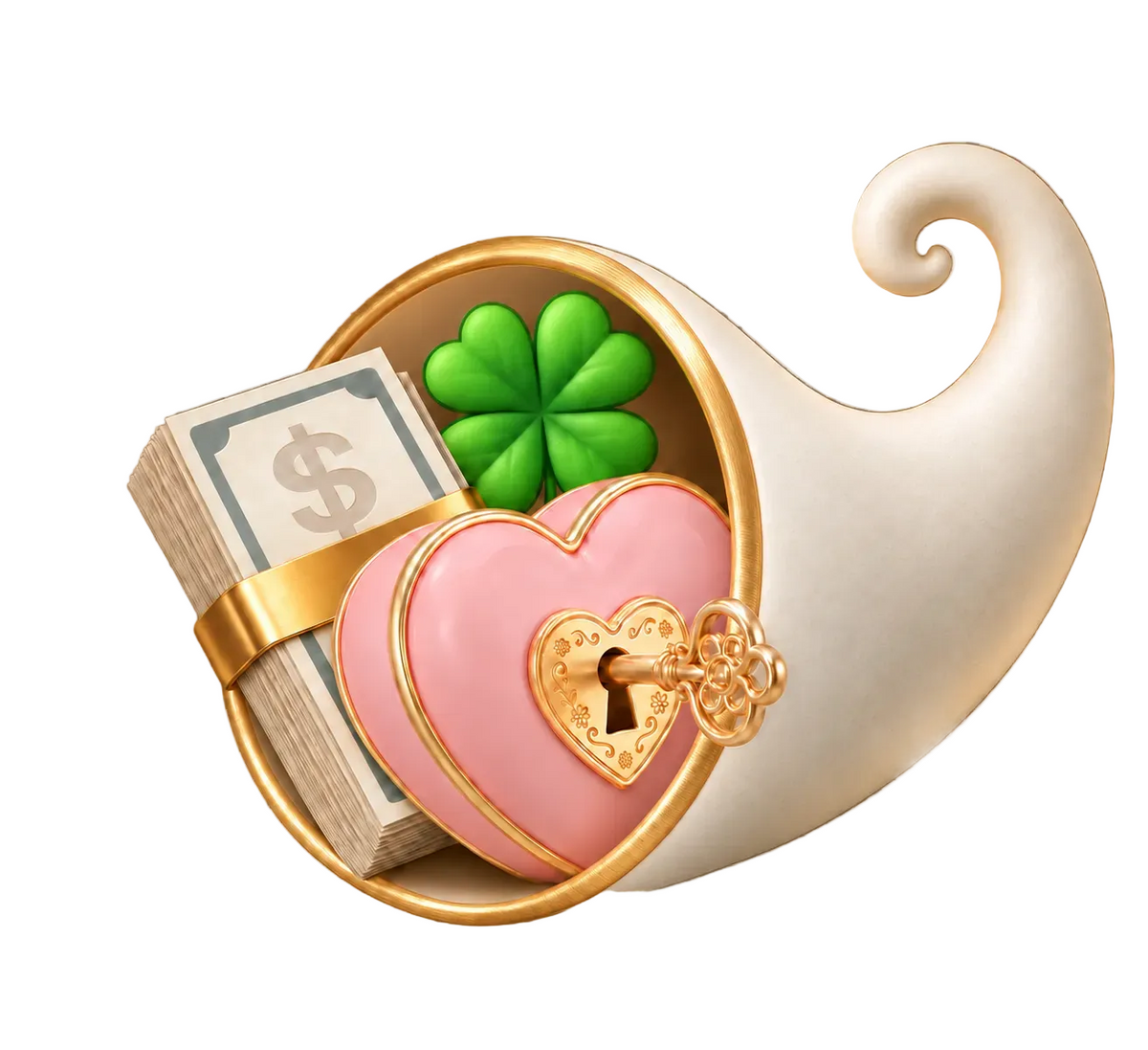 Abundant Life Cornucopia manifestation symbol with cash, open heart, gold key and four-leaf clover premium vision board icons