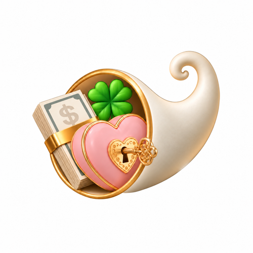 White and gold cornucopia filled with cash, a four-leaf clover and pink heart lock with gold key, representing abundance for a vision board.