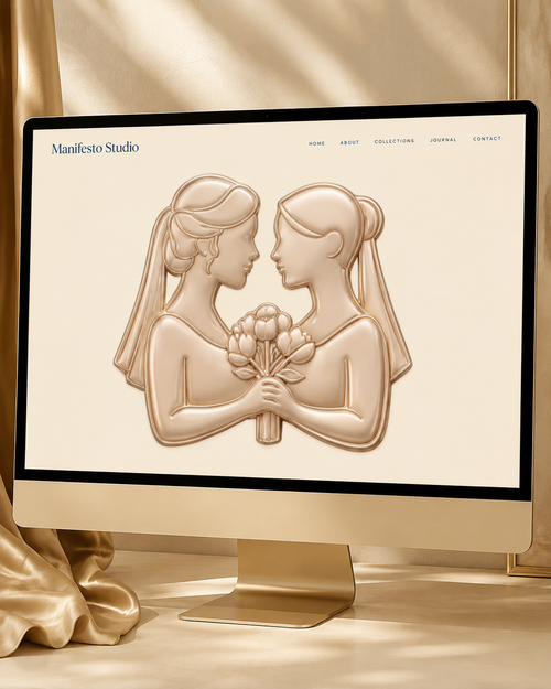 Rose gold bride and bride LGBTQ+ wedding manifestation symbol displayed large on a luxury bridal website.