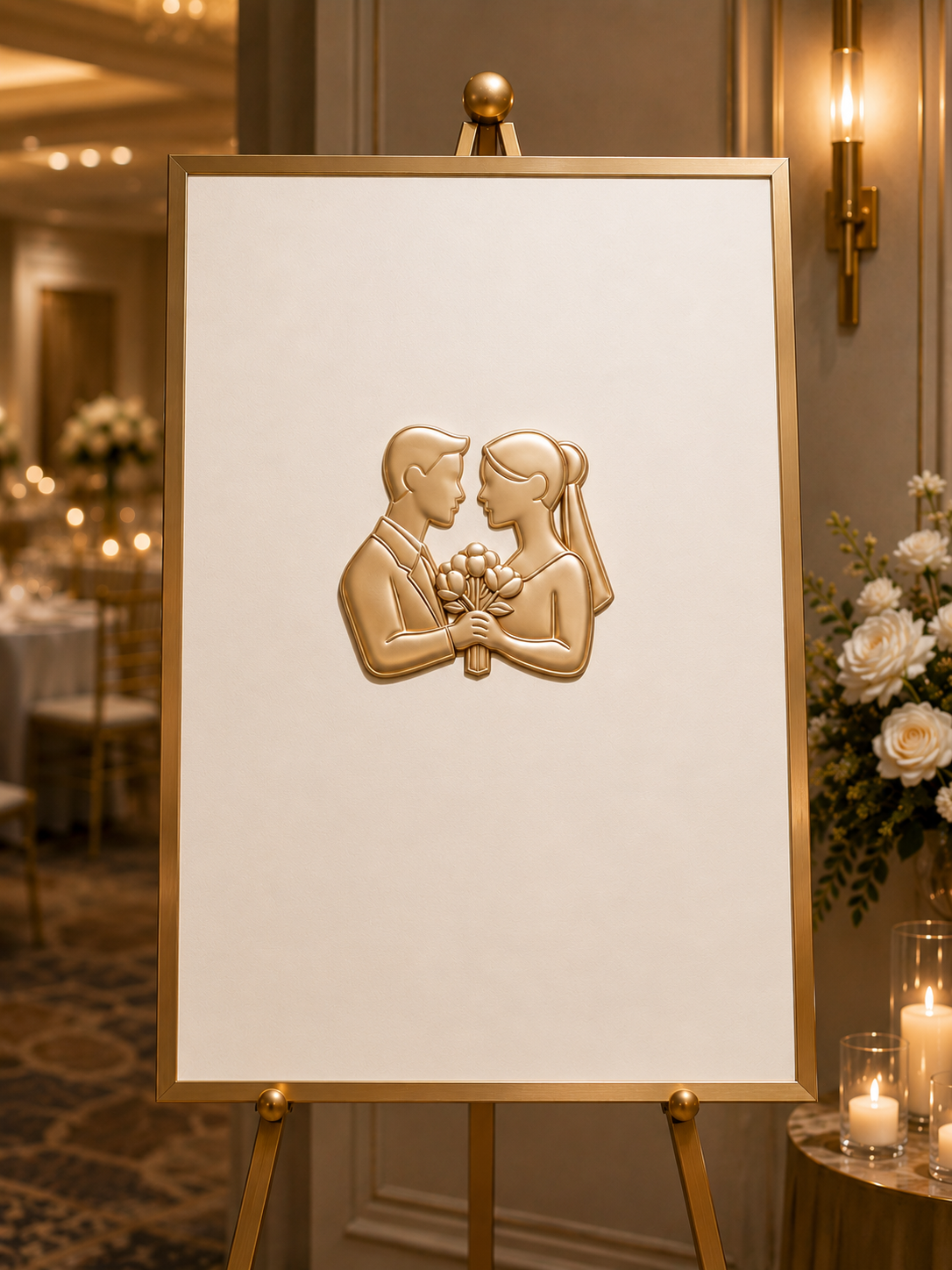 Gold bride and groom wedding manifestation symbol displayed on an elegant ceremony welcome poster.