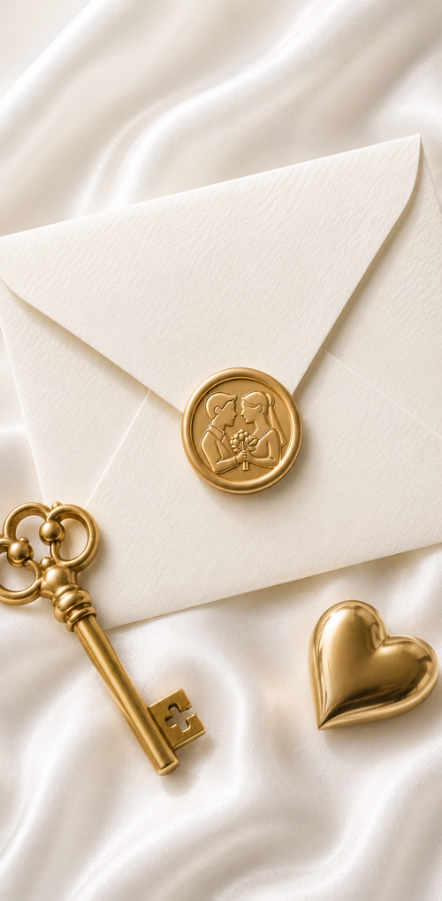 Gold bride and groom wedding manifestation symbol as a wax seal on an ivory envelope with a gold key and heart.