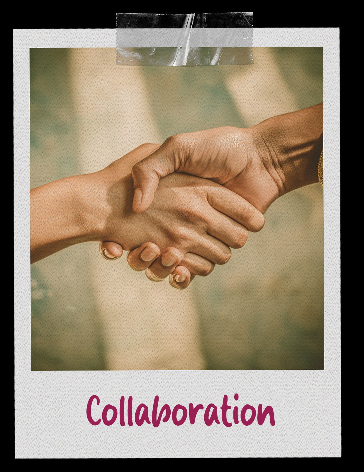 Polaroid-style frame labeled “Collaboration,” featuring warm beige tones and elegant gold details, symbolizing teamwork, partnership, and aligned creative energy.