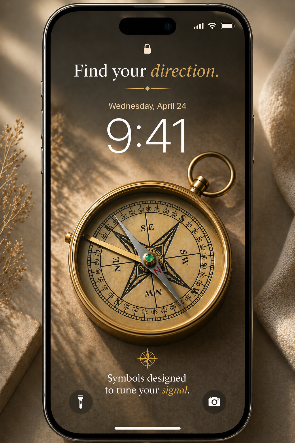 Vintage gold compass manifestation symbol displayed on an iPhone lock screen with the words “Find your direction.”