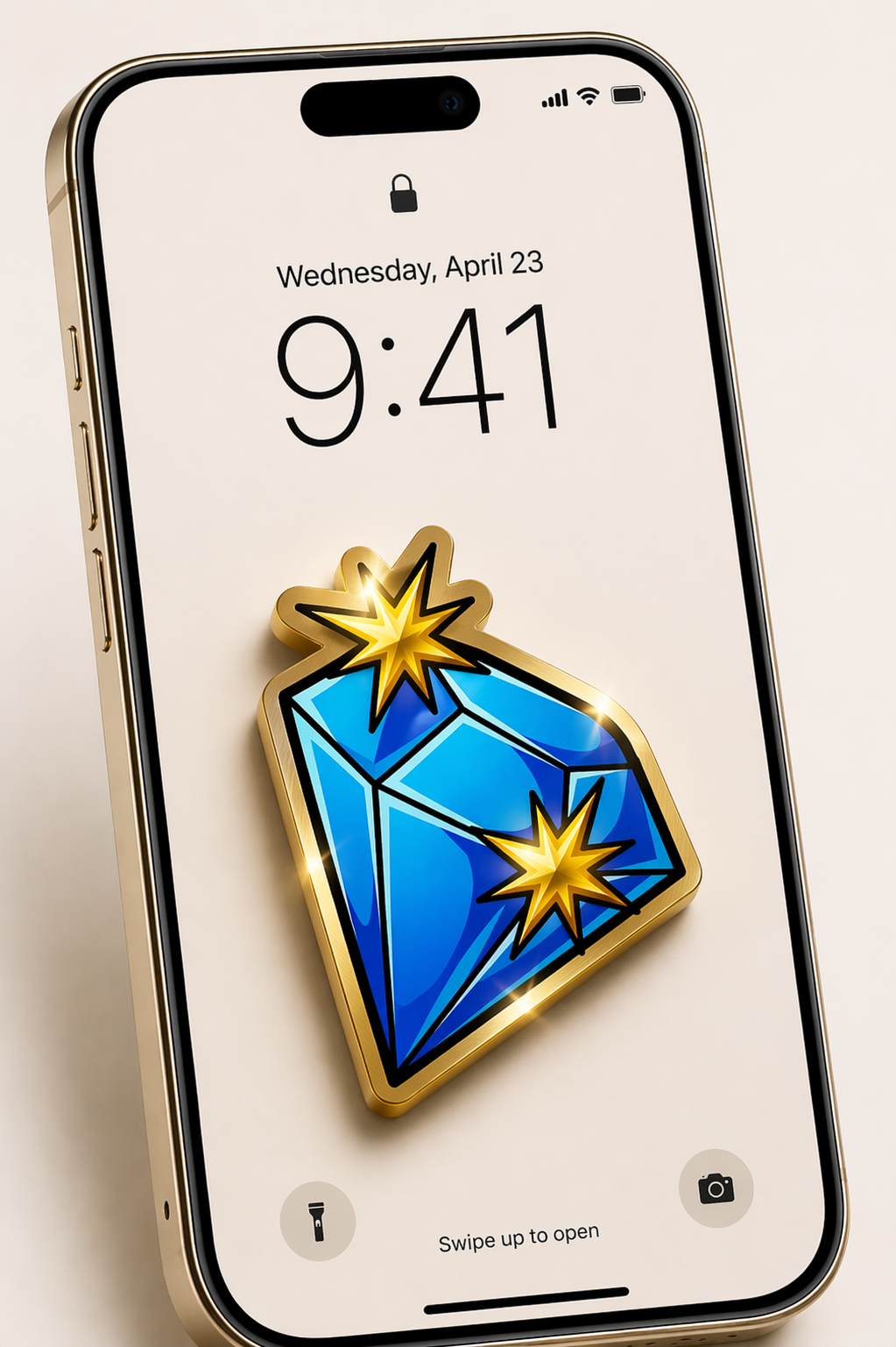Premium diamond manifestation symbol displayed on iPhone lock screen wallpaper, clean off-white background, high-end digital vision board icon for phone use