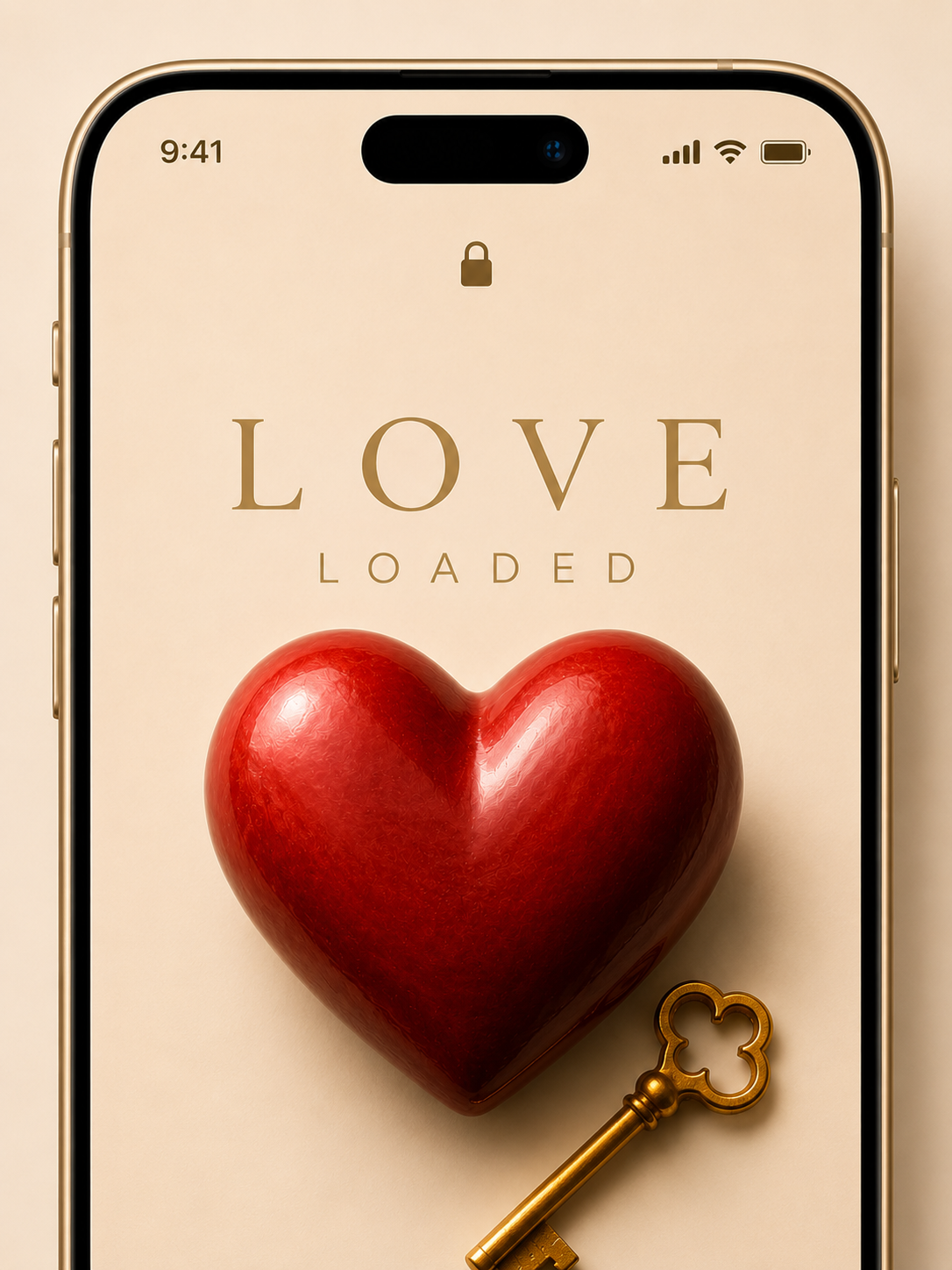 Love manifestation symbol and vision board phone wallpaper with a red heart and gold key representing self-love, love, and meaningful relationships. Digital PNG and JPEG download.