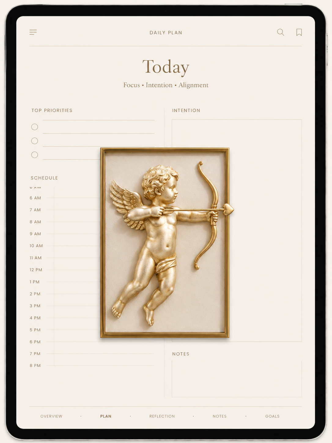 Framed gold Cupid manifestation symbol displayed on a digital daily planner for love visualization and intention setting.