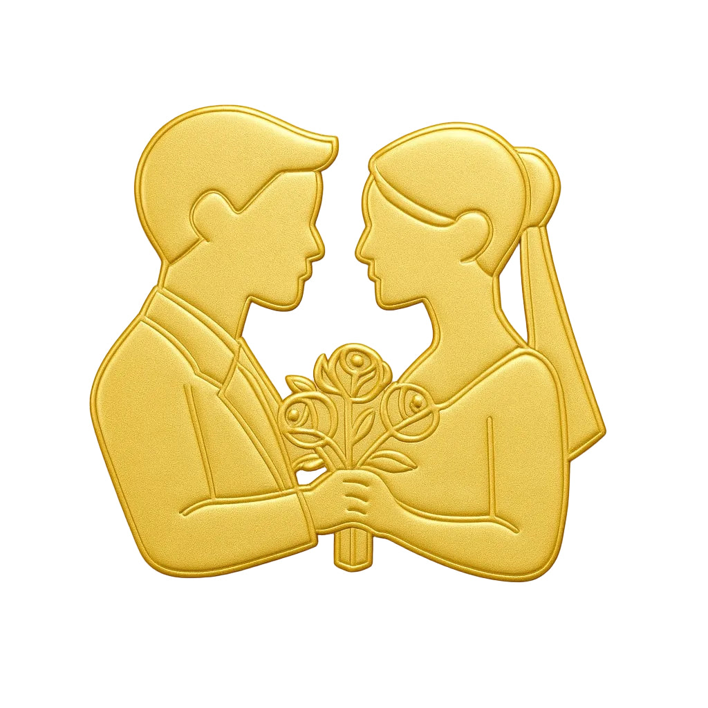 Gold embossed bride and groom symbol on a soft beige background, representing love, partnership, romance, and wedding manifestation.