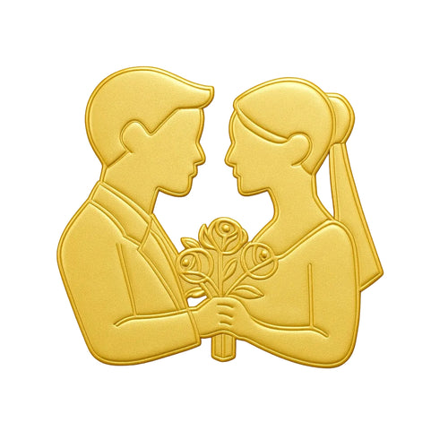 Gold embossed bride and groom symbol on a soft beige background, representing love, partnership, romance, and wedding manifestation.