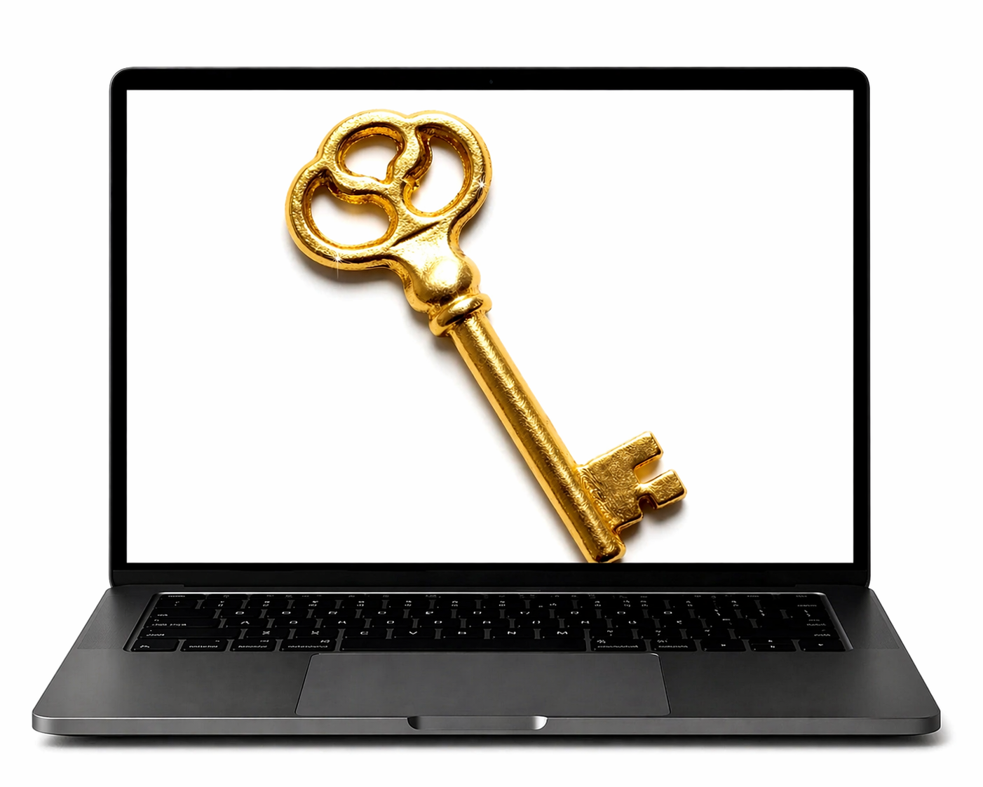 Gold key manifestation symbol displayed on a laptop screen for vision boards, daily manifestation practice, opportunity, and new beginnings. Digital PNG and JPEG download. 