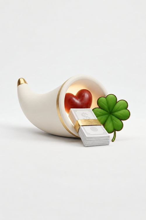 
White and gold cornucopia holding cash, a green four-leaf clover and a red heart, symbolizing financial abundance, luck and love.