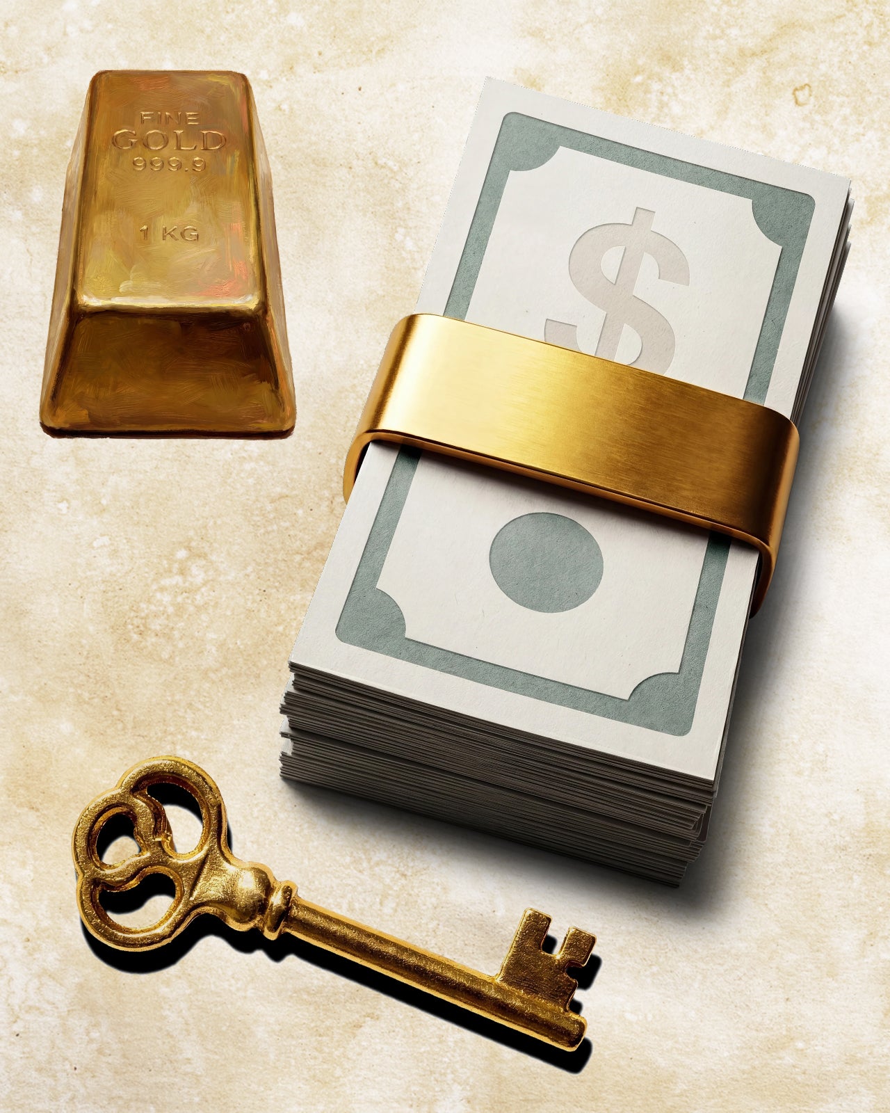 Money manifestation symbol system featuring a gold key, cash, coins, gold bar, and diamond for abundance, wealth, financial success, and vision boards. Digital PNG and JPEG download. 