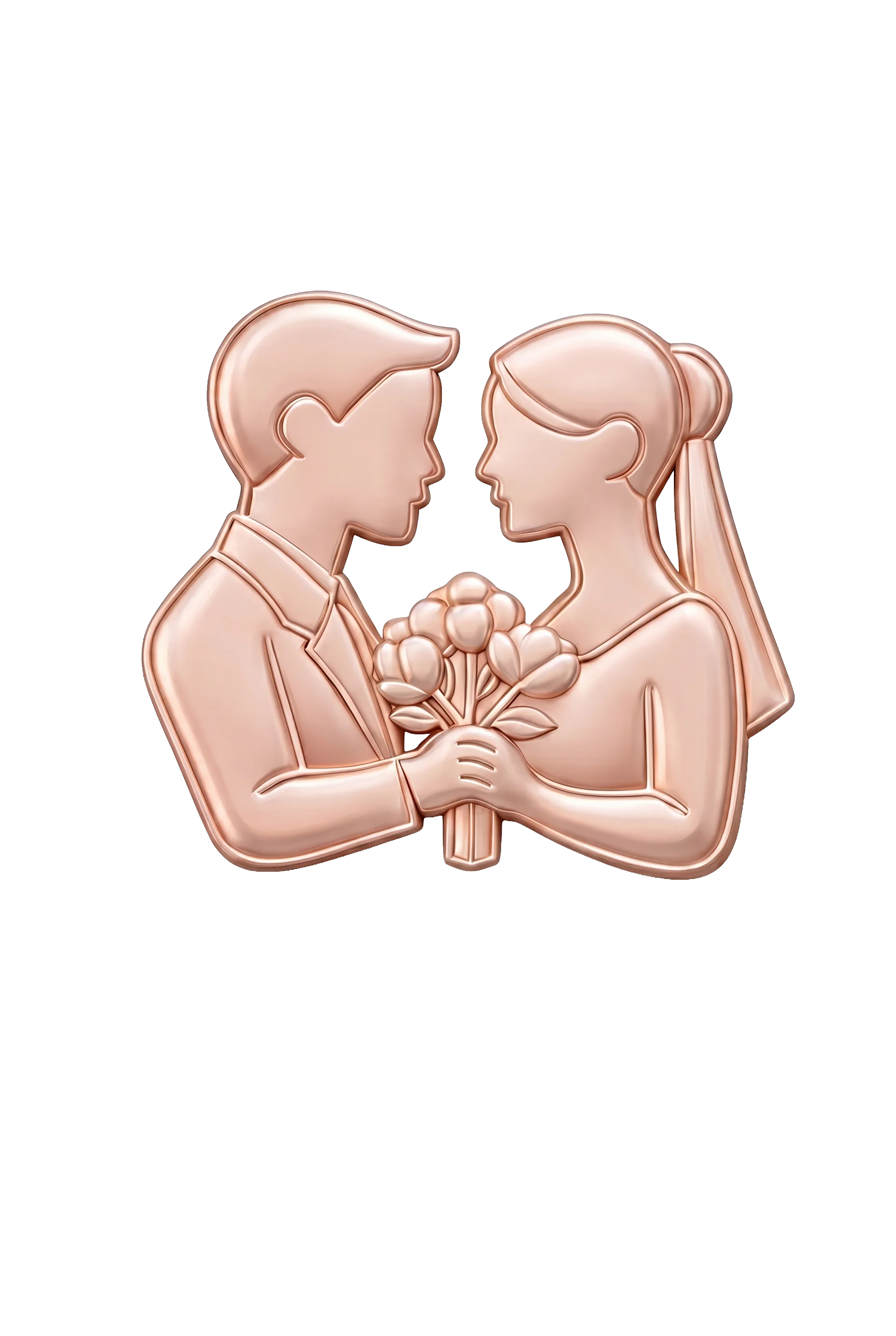 Rose gold bride and groom wedding manifestation symbol holding a bouquet on a transparent background.