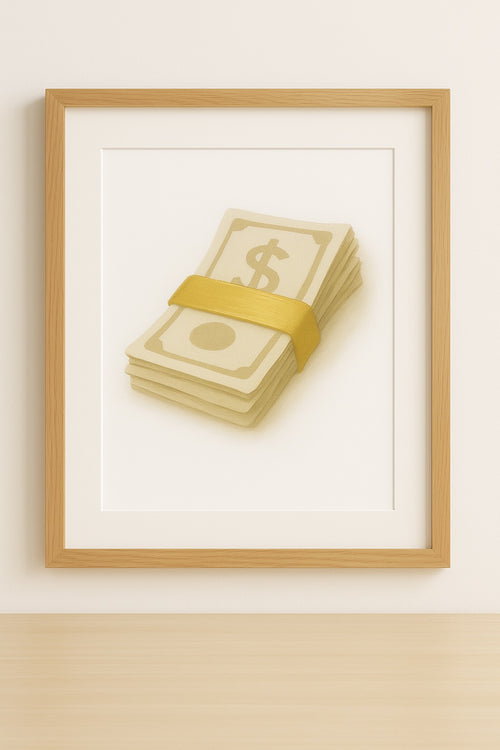 Clean, premium cash-manifestation printable featuring a minimalist stack of banknotes on a soft neutral background, designed for daily subconscious imprinting and abundance focus in a home office or creative space.