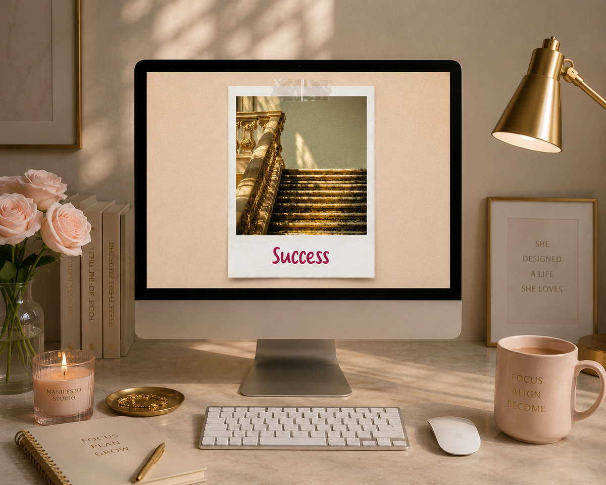 Success Polaroid vision board image displayed on a desktop for dream job goals and daily career visualization.