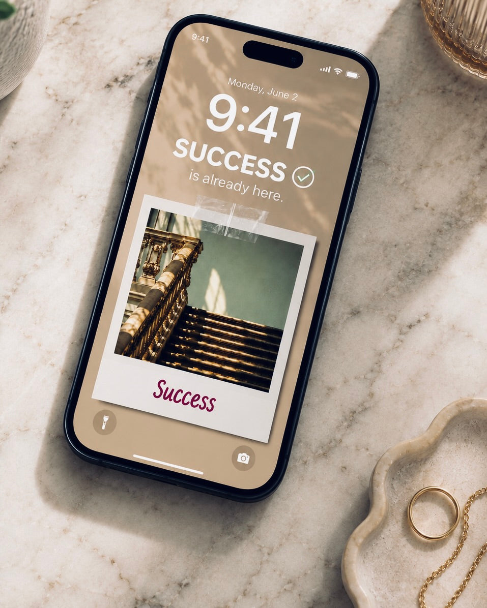 Success manifestation Polaroid displayed as a phone lock-screen wallpaper for career visualization and professional goals.