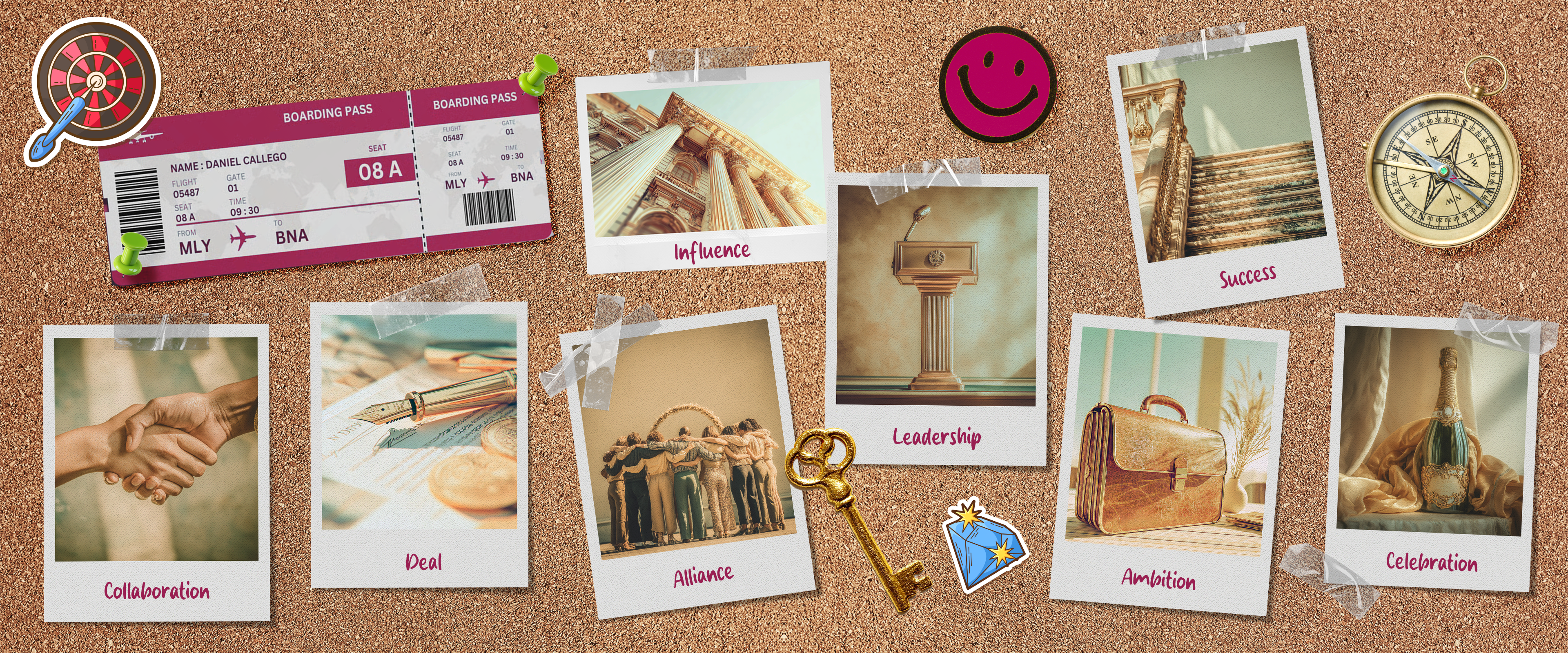 Vision board featuring Manifesto Studio manifestation symbols for love, abundance, success, self-growth, and daily visualisation. Digital vision board inspiration.