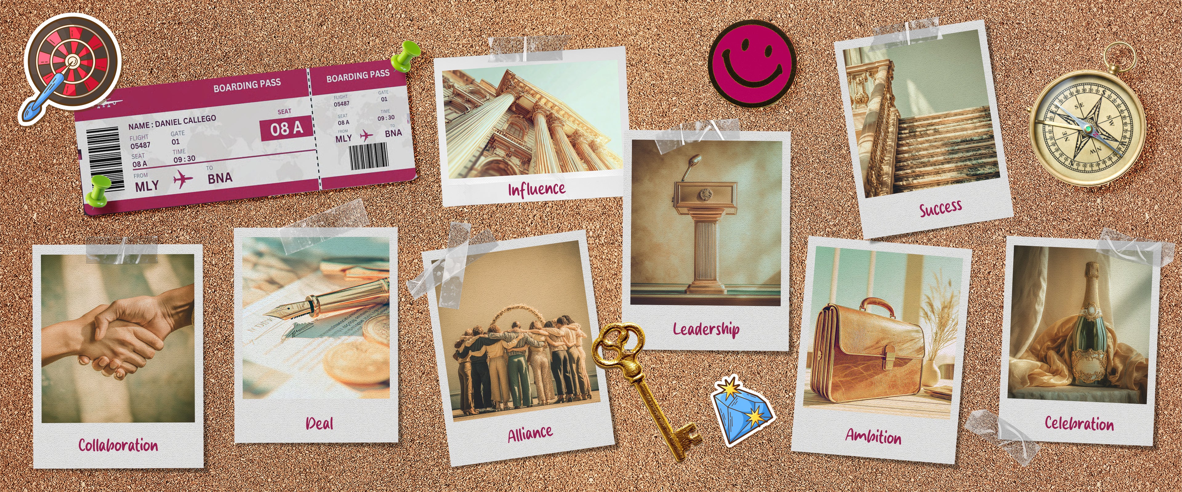 Career manifestation symbols and vision board icons including success, leadership, ambition, influence, collaboration, alliance, deal, celebration, and opportunity for digital vision boards and framed vision boards.