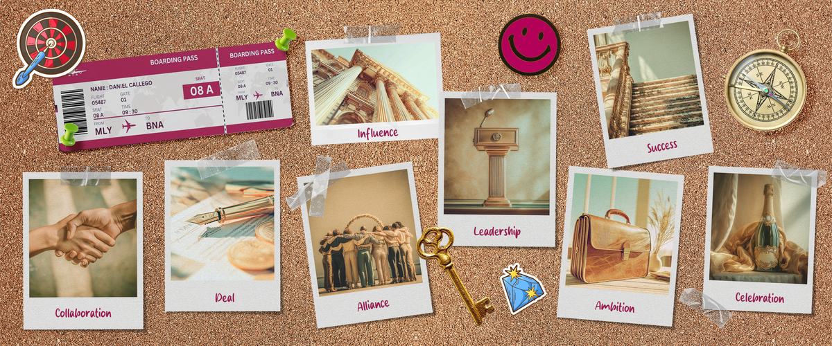Career success goals vision board featuring leadership, success, ambition, influence and collaboration manifestation symbols.