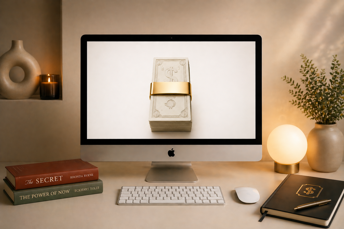 Cash stack manifestation symbol displayed on a desktop as a money goals vision board image.