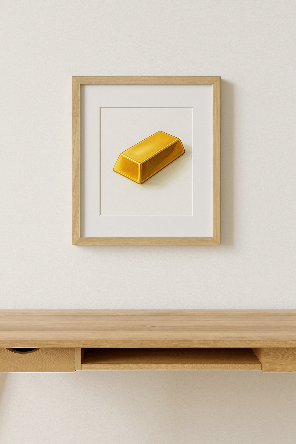 Framed gold bar manifestation wall art printable on a clean white wall, minimal luxury aesthetic, designed for daily subconscious reinforcement and vision-board rituals.