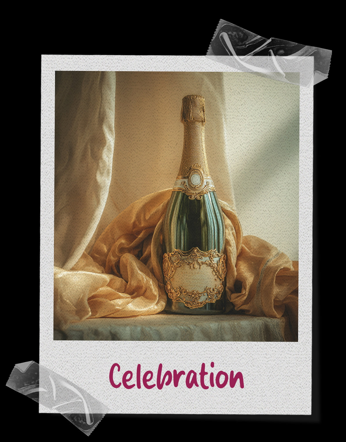 Polaroid-style vision board image of an ornate champagne bottle against draped gold fabric, with “Celebration” written in magenta below.