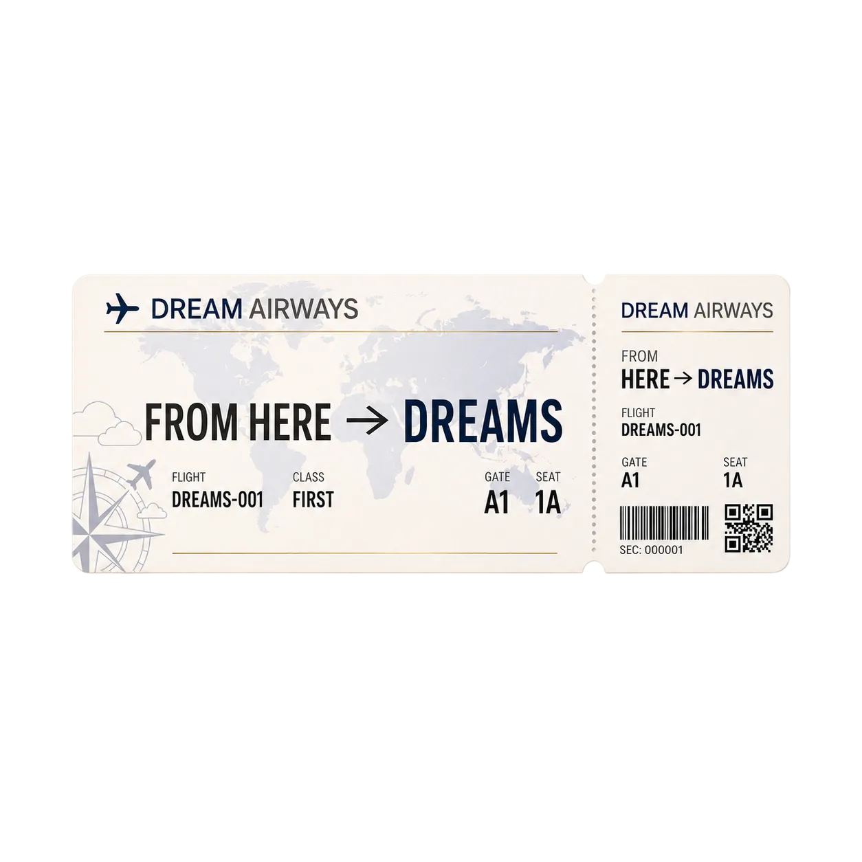 Dream Life ticket manifestation symbol and vision board icon featuring a cream airline ticket reading From Here to Dreams.