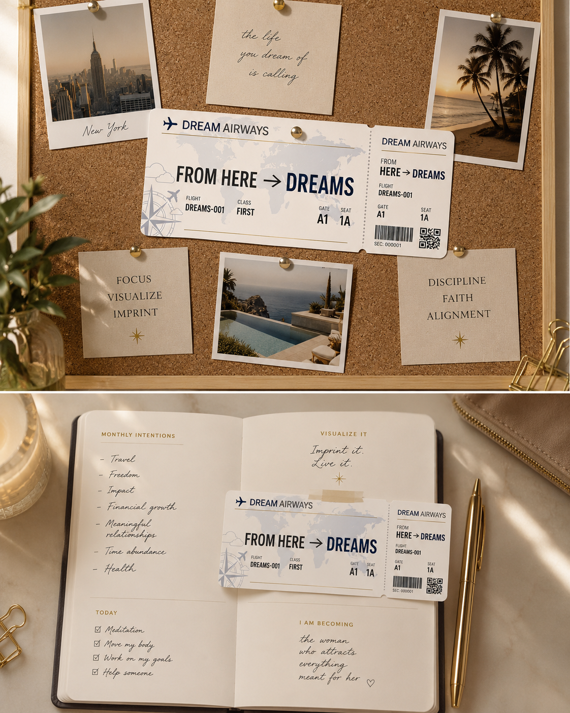 Dream Life Ticket manifestation image displayed on a cork vision board and open planner for daily visualization.