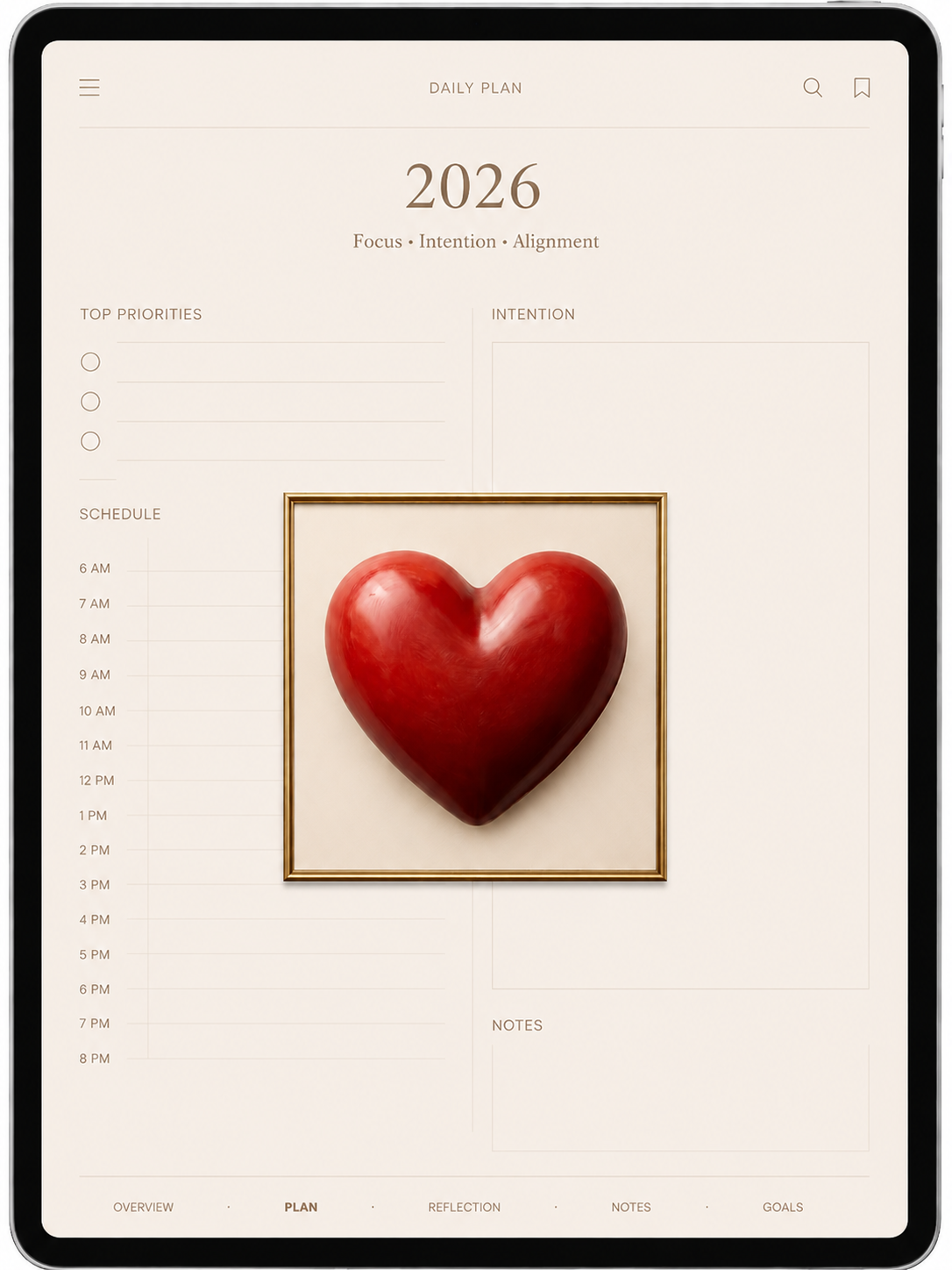 Red Full Heart love manifestation symbol in a gold frame on a digital planner, used as a vision board icon for relationship goals.