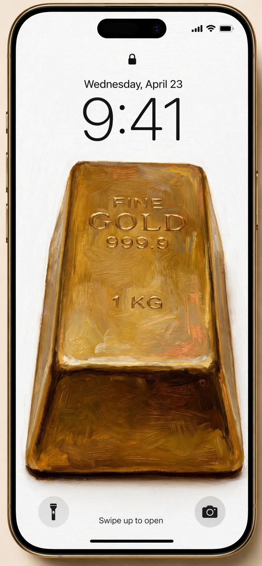 Gold bar money manifestation symbol displayed as an iPhone lock screen wallpaper for wealth and abundance visualization.