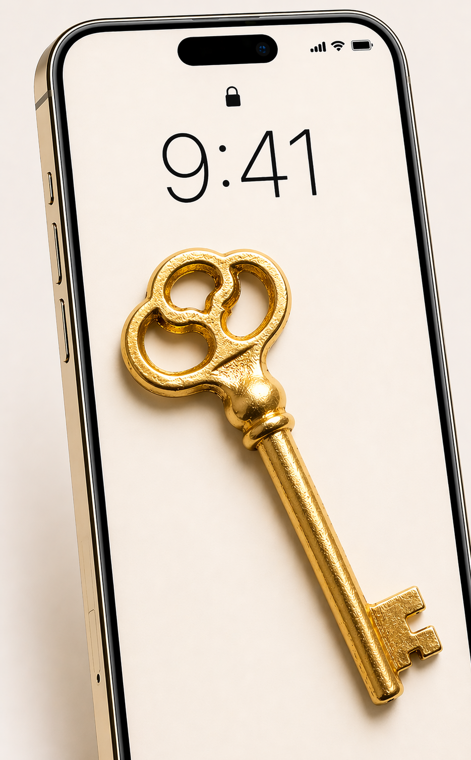 Gold key manifestation symbol as an iPhone lock screen wallpaper for vision boards, daily manifestation practice, and abundance mindset. Digital download.