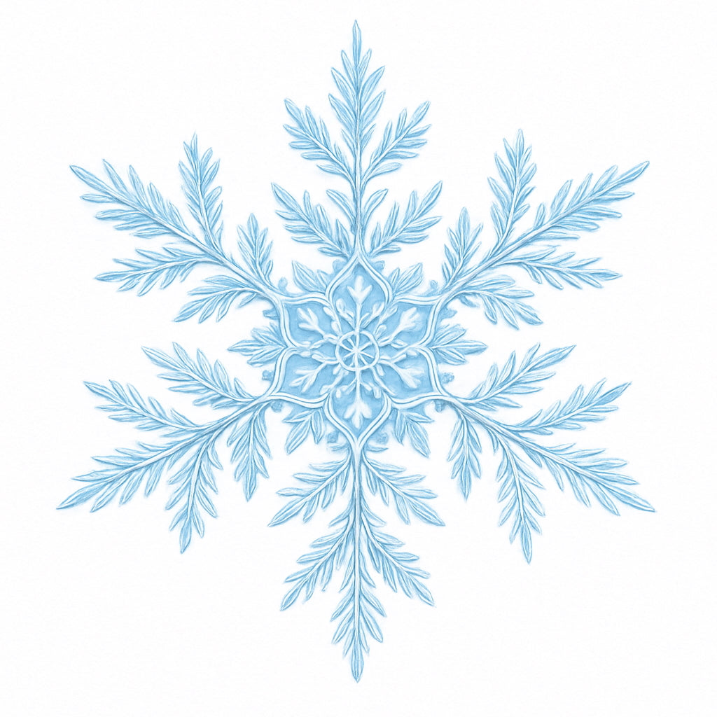 Embossed ice blue snowflake with soft shadows on a white background, winter manifestation symbol.