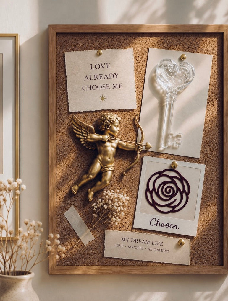Love manifestation vision board featuring Love Key, Cupid and CHOSEN rose Polaroid symbols for relationship goals