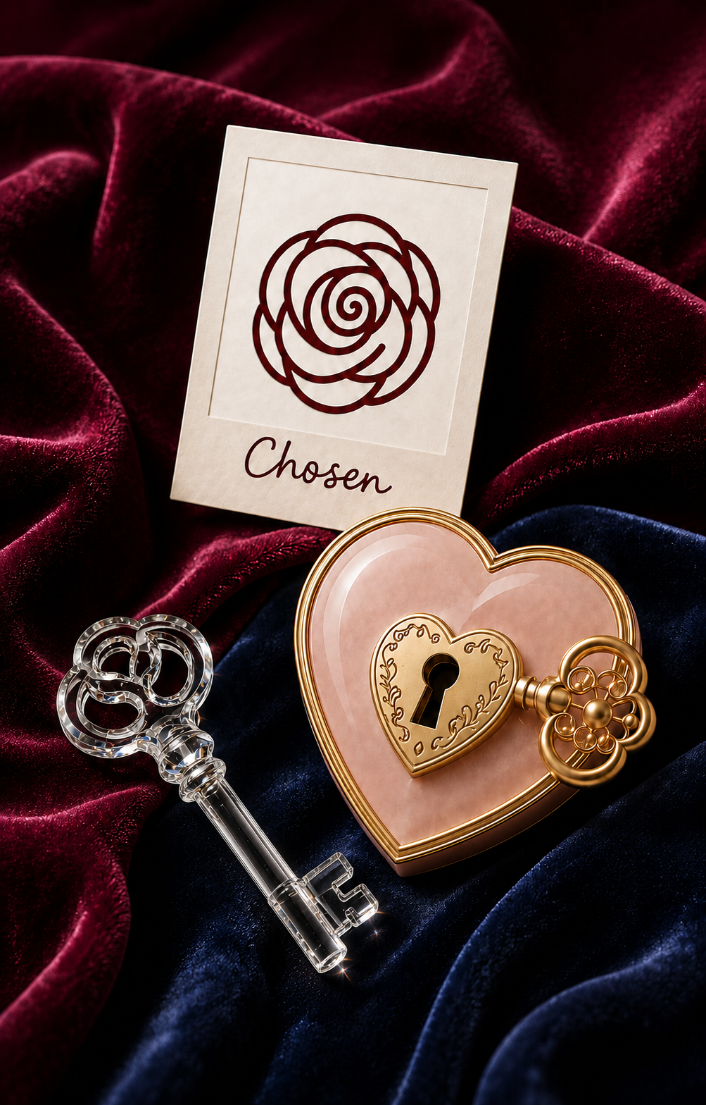 Love manifestation system featuring CHOSEN, Love Key and Open Heart premium vision board images on burgundy and dark navy velvet.