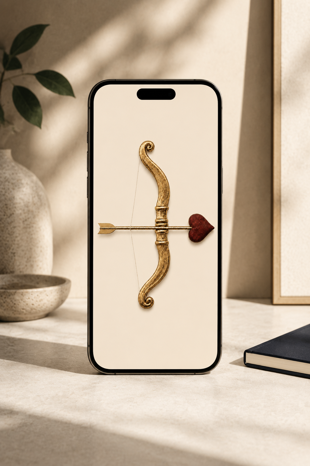 MATCHED Cupid Bow love manifestation symbol displayed as a phone wallpaper with a champagne-gold bow and burgundy heart arrow.
