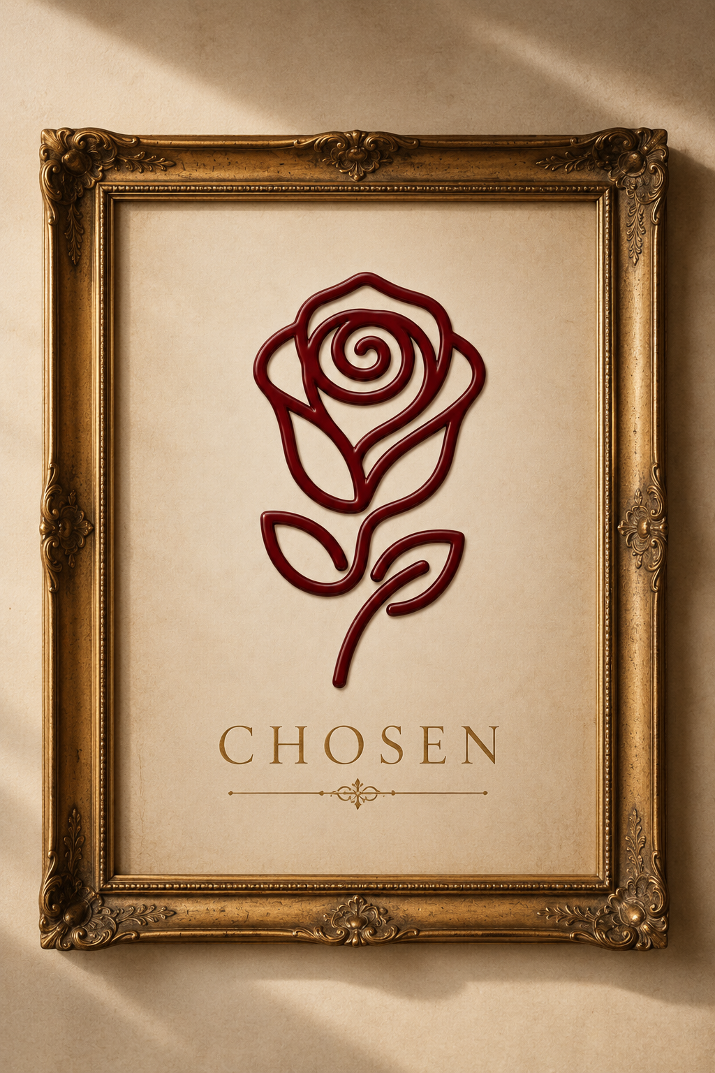CHOSEN rose manifestation symbol displayed in a gold frame as love vision board art for romantic relationship goals