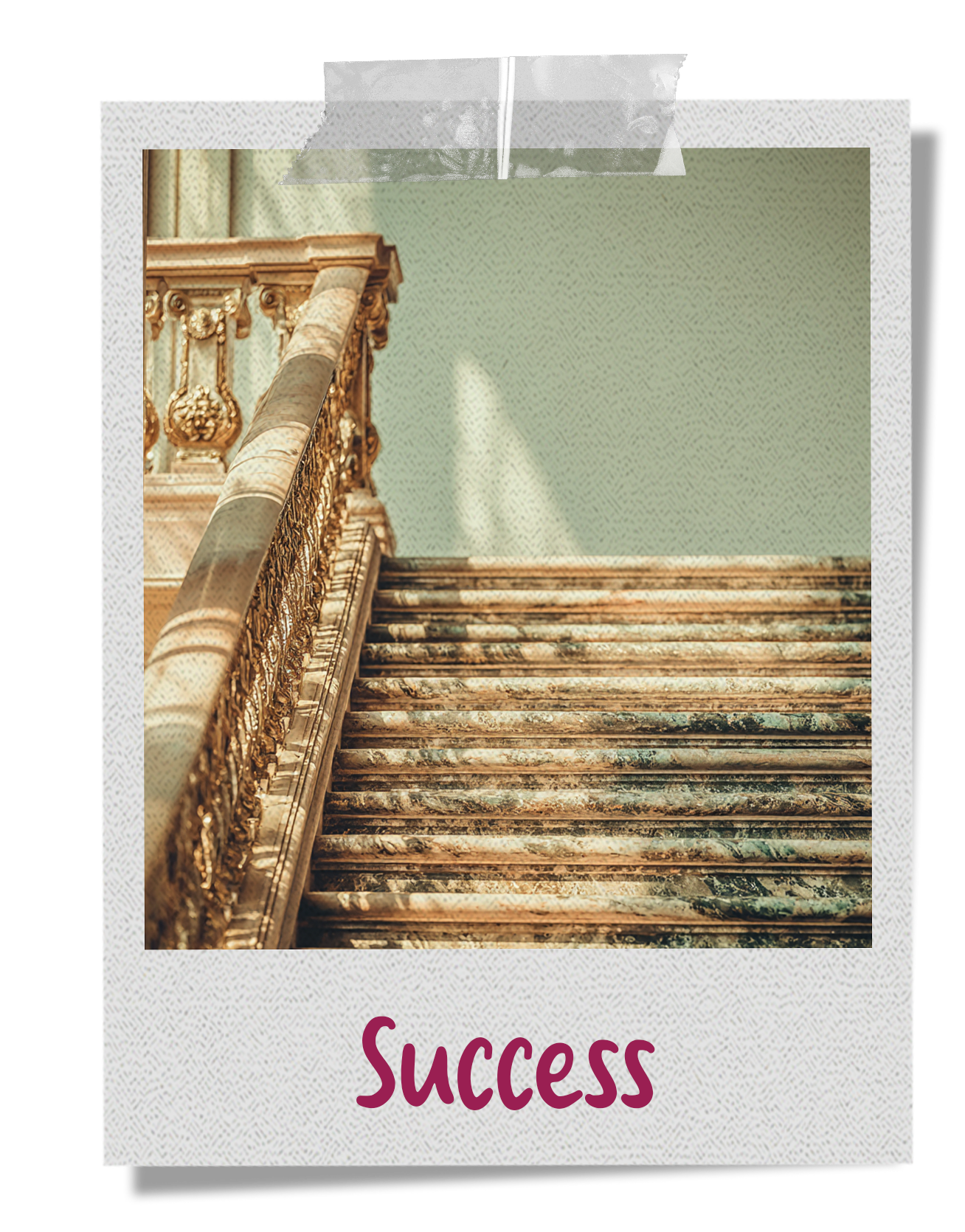 Success manifestation Polaroid and vision board image featuring an elegant vintage gold staircase on a transparent background.