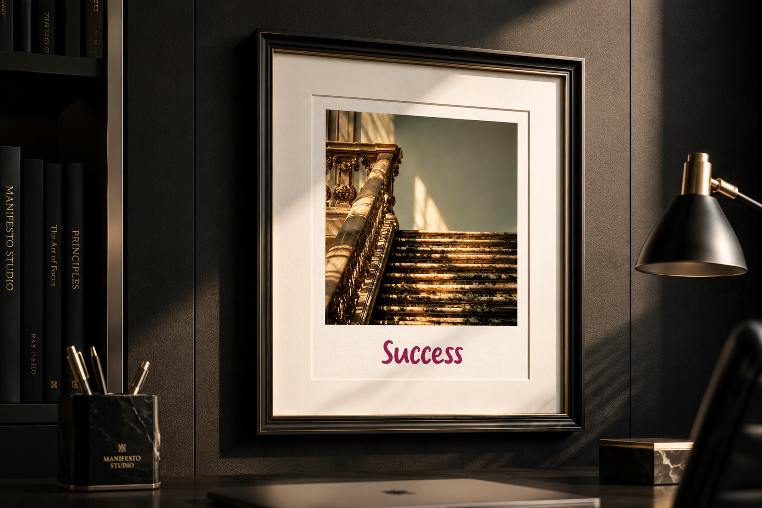 SUCCESS Polaroid image featuring an elegant vintage-style gold staircase, displayed in a desk frame as a career manifestation symbol and vision board icon.