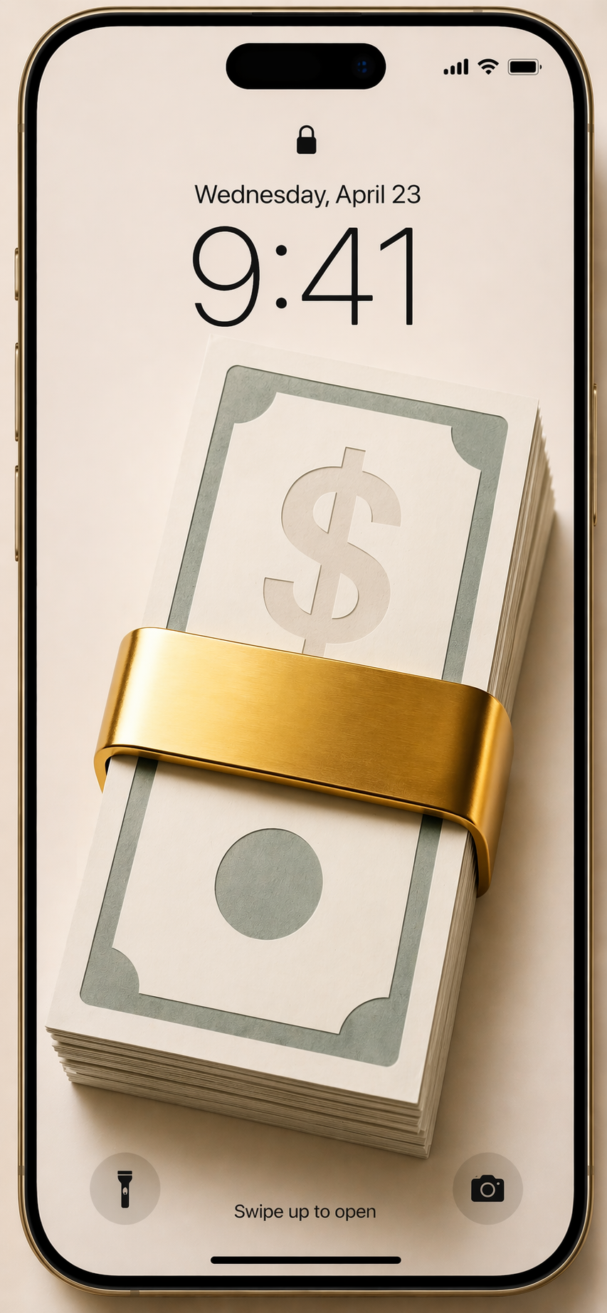 Cash stack manifestation symbol displayed as a money goals phone wallpaper and lock screen.